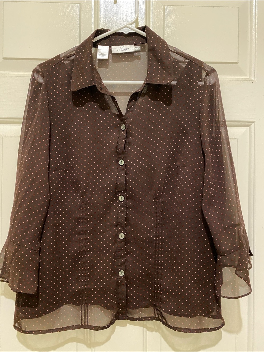 Naomi Brown Sheer Button-Down Blouse with Pink Polka Dots